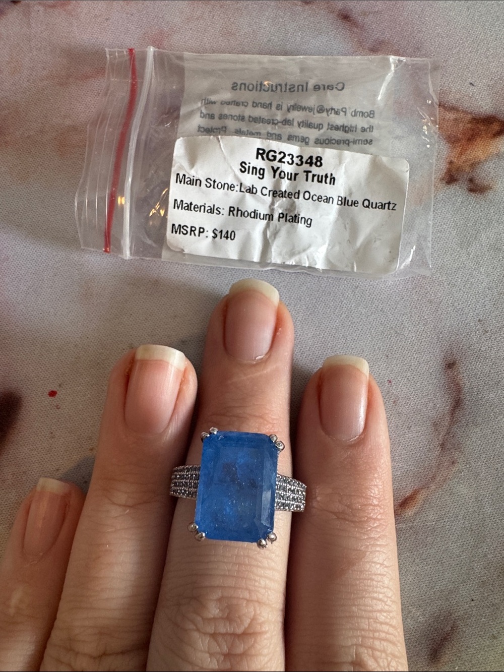 Bomb Party Ocean Blue Quartz Rhodium-Plated size 11 Ring